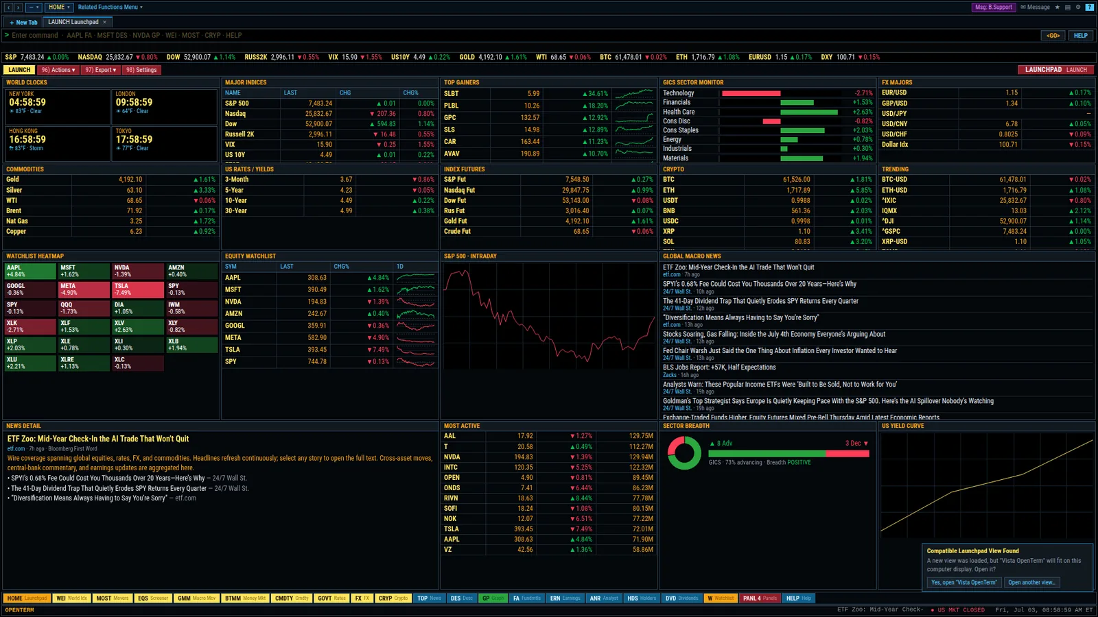 OpenTerm's amber-on-black Launchpad — live indices and movers with sparklines, world clocks, a sector monitor and a Bloomberg-style command line.