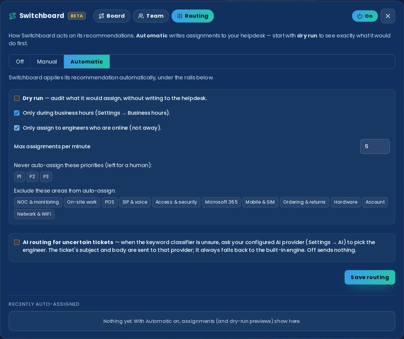 Switchboard routing settings — Automatic mode with dry-run, business-hours and online-only rails, per-priority and per-area exclusions, and optional AI routing.